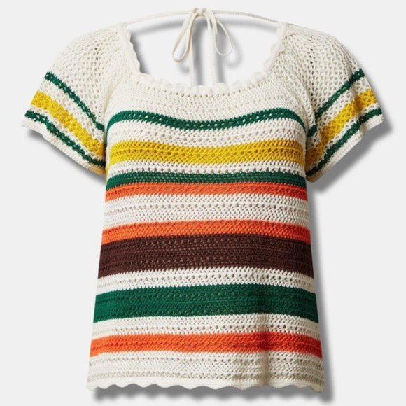 Torrid - Pullover Square Neck Flutter Sleeve Sweater in White with Multi Stripes - Picture 13 of 13